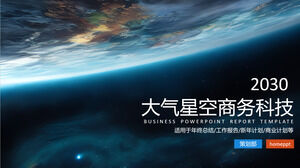 Unduh template PPT bertema teknologi bisnis dengan langit berbintang biru dan latar belakang planet