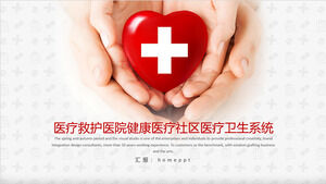 Download a medical themed PPT template with a red heart background in hand