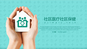 PPT-Vorlage für das Gesundheitswesen der Gemeinde mit dem Hintergrund des Logos des Gemeindekrankenhauses in der Hand