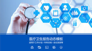 Template PPT laporan kesehatan medis dengan stetoskop dan latar belakang ikon medis