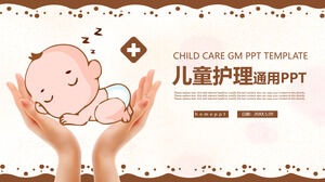Download a universal PPT template for children's care with cartoon cute baby background