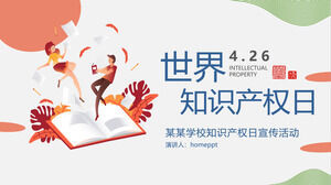 Modèle PPT pour l'activité de promotion du campus de la Journée mondiale de la propriété intellectuelle avec des personnages vectoriels et des arrière-plans de livres
