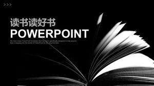 Laden Sie die PPT-Vorlage zum Lesen guter Bücher mit einem schwarz-weißen Buchhintergrund herunter