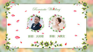 Загрузите шаблон PPT для романтического свадебного альбома с красочными лепестками и фоном из виноградных растений.