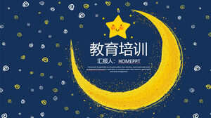 Template PPT tema pendidikan dengan langit berbintang biru, bintang emas, dan latar belakang bulan