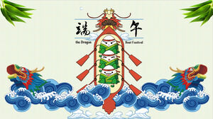 Laden Sie die PPT-Vorlage für das Drachenbootfest mit dem Cartoon-Zongzi-Baby-Drachenboot-Hintergrund herunter
