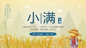 Download the Xiaoman solar term PPT template with cartoon rice fields and scarecrows background