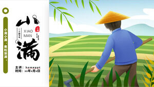 Çiftçilerin ve buğday tarlalarının arka planında Xiaoman güneş terimini tanıtmak için PPT şablon indirmesi