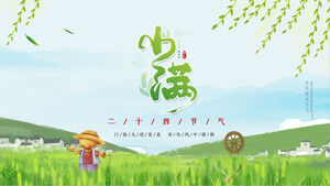 Plantilla PPT para el término solar Xiaoman con un fondo verde y fresco de un espantapájaros en un campo de trigo