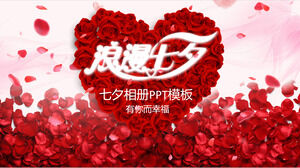 Kırmızı güller ve gül yaprakları arka plan ile romantik Qixi PPT şablonu