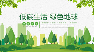 Baixe o modelo PPT para o tema de estilo de vida de baixo carbono de árvores verdes e fundo de silhueta urbana