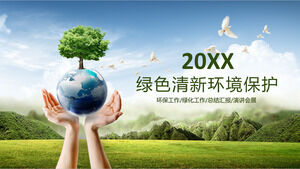 Download the environmental protection theme PPT template with a green Earth background by hand