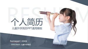 Laden Sie die PPT-Vorlage für den blaugrauen Lebenslauf für Kinder mit einem Teleskop in der Hand und einem Hintergrund eines Mädchens zur weiteren Ausbildung herunter