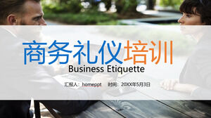 Download PPT template for business etiquette training with background of business figures