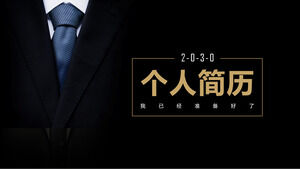 Laden Sie die PPT-Vorlage für den persönlichen Lebenslauf im Schwarz-Gold-Stil mit Anzug und Krawatte herunter