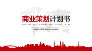 Kırmızı minimalist şehir silueti arka planına sahip iş planlama önerisi için PPT şablonunu indirin