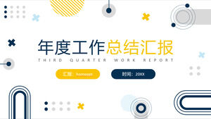 Vereinfachte PPT-Vorlage für den Arbeitszusammenfassungsbericht zum Jahresende mit blauem und gelbem geometrischem Hintergrund