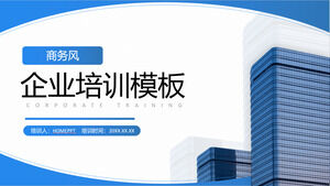 Scarica il modello PPT per la formazione aziendale con uno sfondo di edifici per uffici commerciali blu