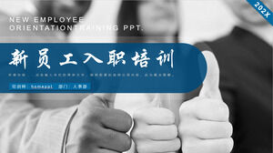 Unduh template PPT pelatihan orientasi karyawan baru berwarna biru dengan latar belakang karakter tempat kerja hitam dan putih