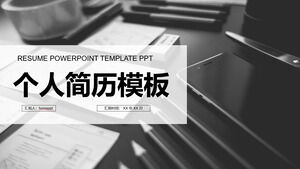 Download a personal resume PPT template with a black and white office desktop background