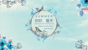 Hello with a blue watercolor background of flowers and birds. Download the summer PPT template