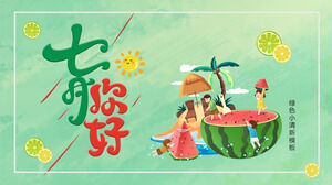 Download del modello PPT di sfondo per bambini di anguria verde e fresca dei cartoni animati Ciao luglio