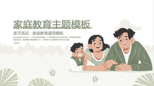 Descargue una plantilla PPT para un tema de educación familiar con un fondo verde de dibujos animados de tres personas