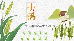 Template PPT untuk memperkenalkan istilah matahari Xiaoman di latar belakang sawah hijau, telinga gandum, dan orang-orangan sawah