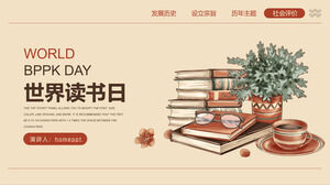 Descargue la plantilla PPT temática del Día Mundial del Libro para libros de acuarela, bonsái y fondos de tazas de té