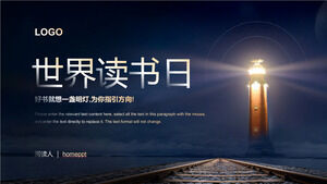 Șablon PPT pentru Ziua Mondială a Cărții cu fundal feroviar și far sub cerul albastru al nopții