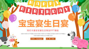 Template PPT untuk merencanakan acara jamuan ulang tahun bayi dengan latar belakang hewan kartun lucu berwarna