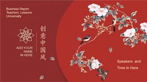 Téléchargez le modèle PPT de rapport d'activité de style chinoiserie rouge avec de belles fleurs et oiseaux