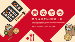 PPT-Vorlage für einen Investitions- und Franchiseplan einer roten Catering-Kette mit japanischem Küchenhintergrund