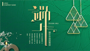 Modello PPT per la pianificazione delle attività del Dragon Boat Festival con sfondo verde a grana Zongye