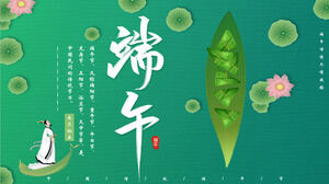 Foglia di loto verde e fresca e loto Zongzi Qu Yuan Sfondo Modello PPT del festival della barca del drago