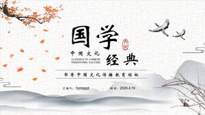 Laden Sie die PPT-Vorlage zum chinesischen Kulturthema für den Hintergrund von Ink and Wash Mountains, Blumen, Zweigen und Kranichen herunter
