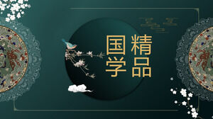 Загрузите шаблон PPT для классического китайского стиля и темы обучения с фоном зеленого цветка и птицы.