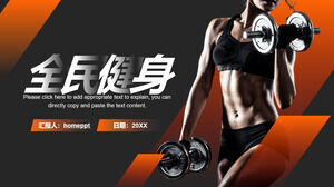 Laden Sie das schwarze und orange Farbschema des Hantel-Fitness-Hintergrunds für die nationale Fitness-PPT-Vorlage herunter