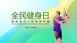 PPT template for promoting National Fitness Day with dynamic ripples and tennis player backgrounds