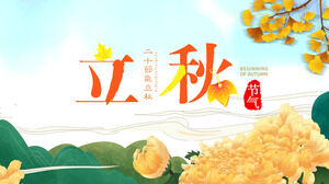 PPT template for the beginning of autumn season with green mountains, golden ginkgo leaves, and chrysanthemums background