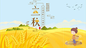 Descargue la plantilla PPT para el comienzo de la temporada de otoño con un fondo de campo de arroz dorado