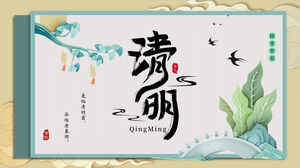 Shibanqiao'da yeşil bitkiler ve kırlangıçlardan oluşan bir arka plan ile Qingming Festivali temalı sınıf toplantısı için PPT şablonu