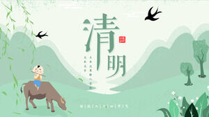 Plantilla PPT para el Festival Qingming con un fondo de búfalos verdes y frescos del valle y niños pastores