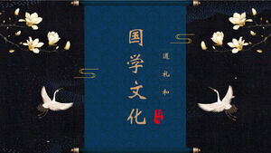 Unduh template PPT untuk budaya tradisional Tiongkok dengan latar belakang bunga magnolia dan burung bangau