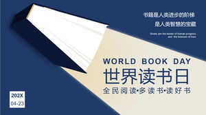 Fundo de livro azul escuro simples e criativo Modelo de PPT de planejamento de atividades do Dia Mundial do Livro