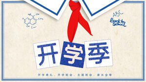 Laden Sie die PPT-Vorlage für den Beginn der Schulsaison mit einer blauen handbemalten Schuluniform und einem roten Schal-Hintergrund herunter