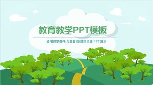 Plantilla PPT para temas educativos y de enseñanza con un fondo de bosque verde de dibujos animados