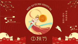 Unduh template PPT tema Festival Pertengahan Musim Gugur Merah dengan latar belakang kue bulan Chang'e secara gratis