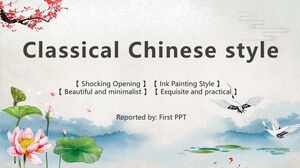 Template PPT gaya Cina klasik dengan teratai, daun teratai, bunga plum, burung bangau, latar belakang
