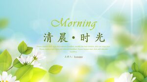 Plantilla PPT "Hora de la mañana" con hojas verdes frescas y fondo de flores blancas